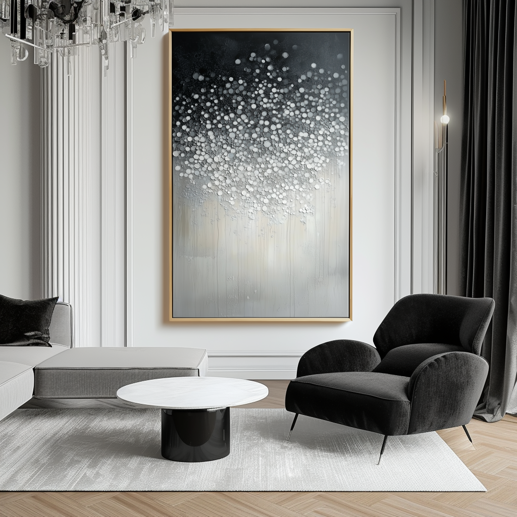 Silent Bloom-Textured Black White Abstract Oil Painting - Sparkling Dots Modern Home Art