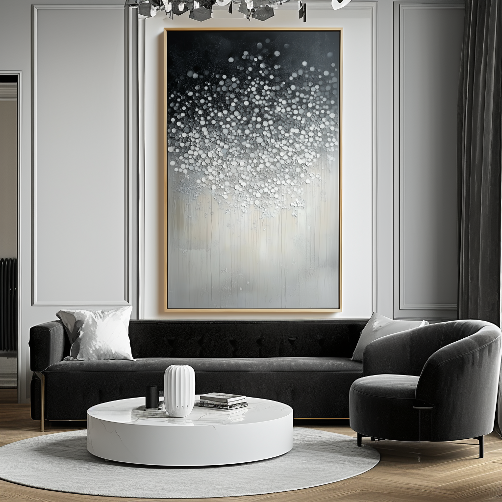 Silent Bloom-Textured Black White Abstract Oil Painting - Sparkling Dots Modern Home Art