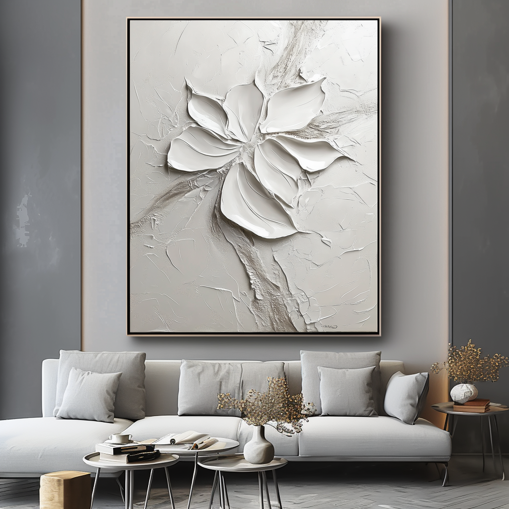 Silent Bloom-Plaster Art Texture Painting Minimalist White Abstract Flower Wall Art 3D Textured Petals