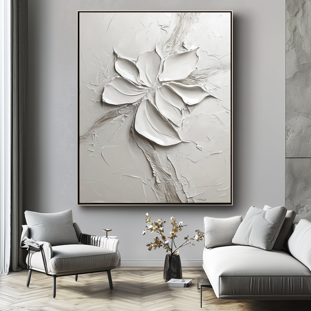 Silent Bloom-Plaster Art Texture Painting Minimalist White Abstract Flower Wall Art 3D Textured Petals