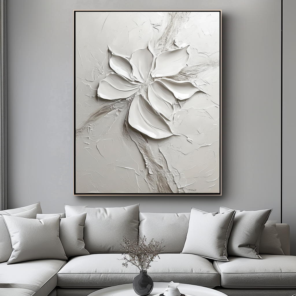 Silent Bloom-Plaster Art Texture Painting Minimalist White Abstract Flower Wall Art 3D Textured Petals