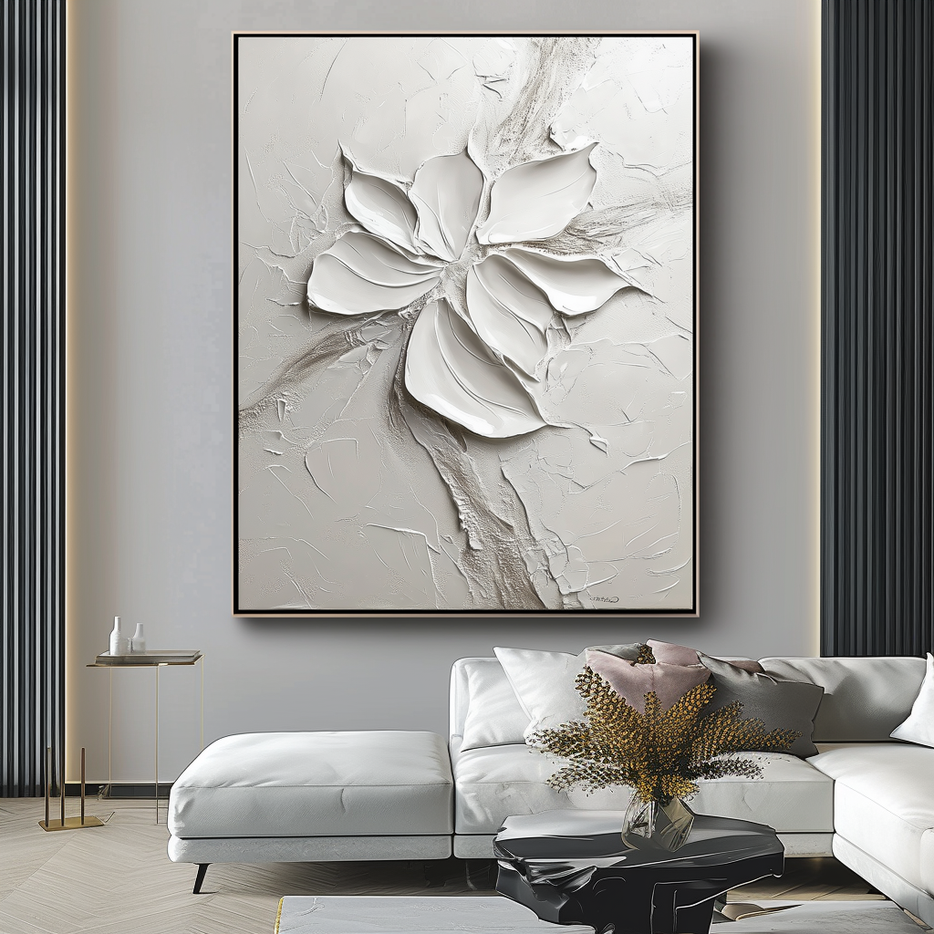 Silent Bloom-Plaster Art Texture Painting Minimalist White Abstract Flower Wall Art 3D Textured Petals