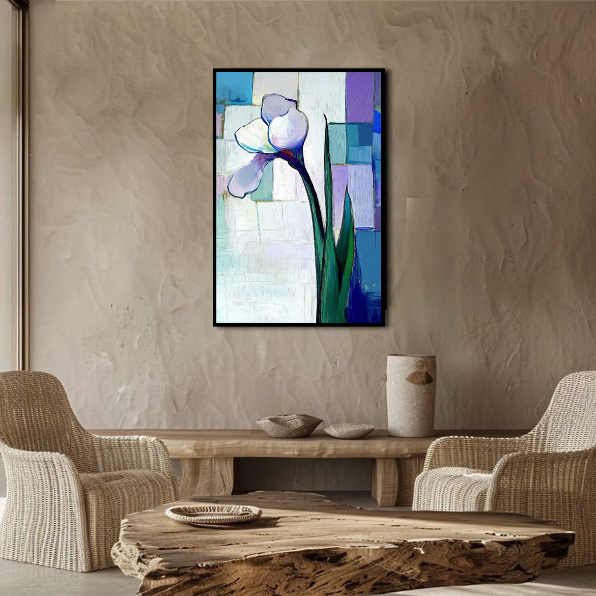 Silent Bloom - Vertical Abstract Iris Flower Painting Textured Modern Floral Art