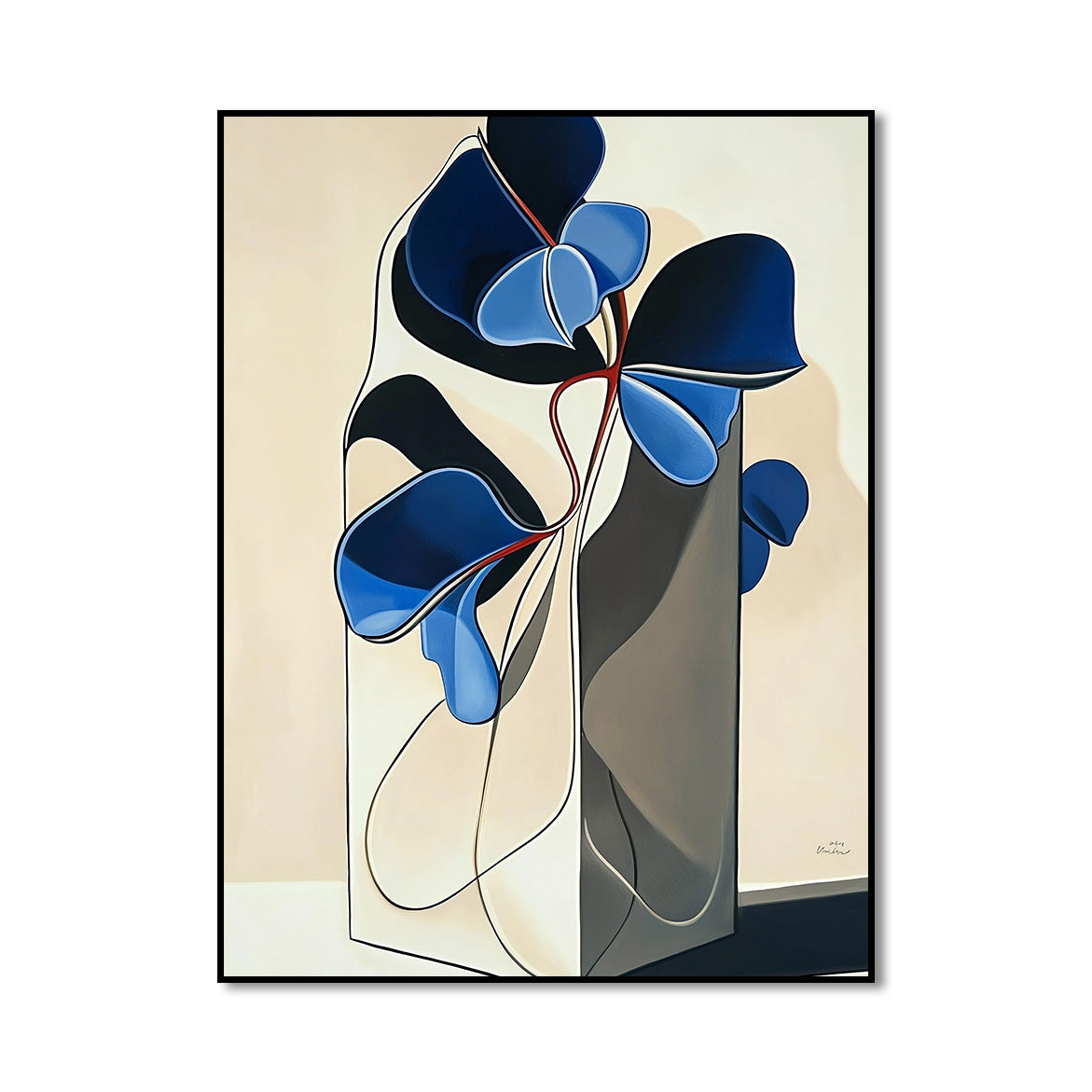 Silent Contour - Modern Abstract Blue Floral Art Sculptural Line Vase Painting
