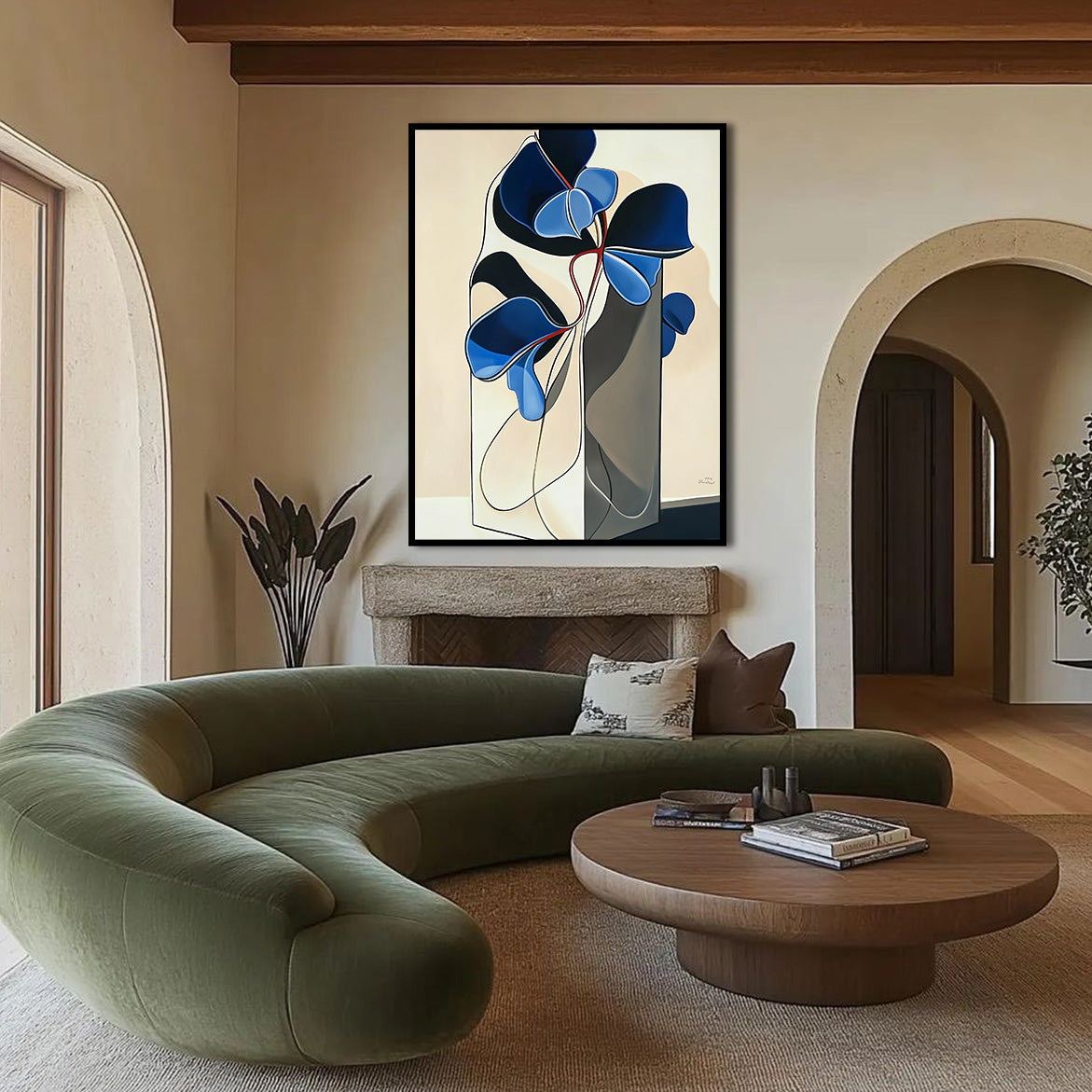Silent Contour - Modern Abstract Blue Floral Art Sculptural Line Vase Painting