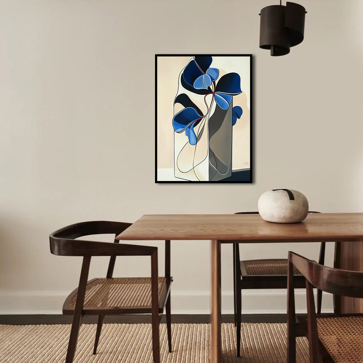 Silent Contour - Modern Abstract Blue Floral Art Sculptural Line Vase Painting