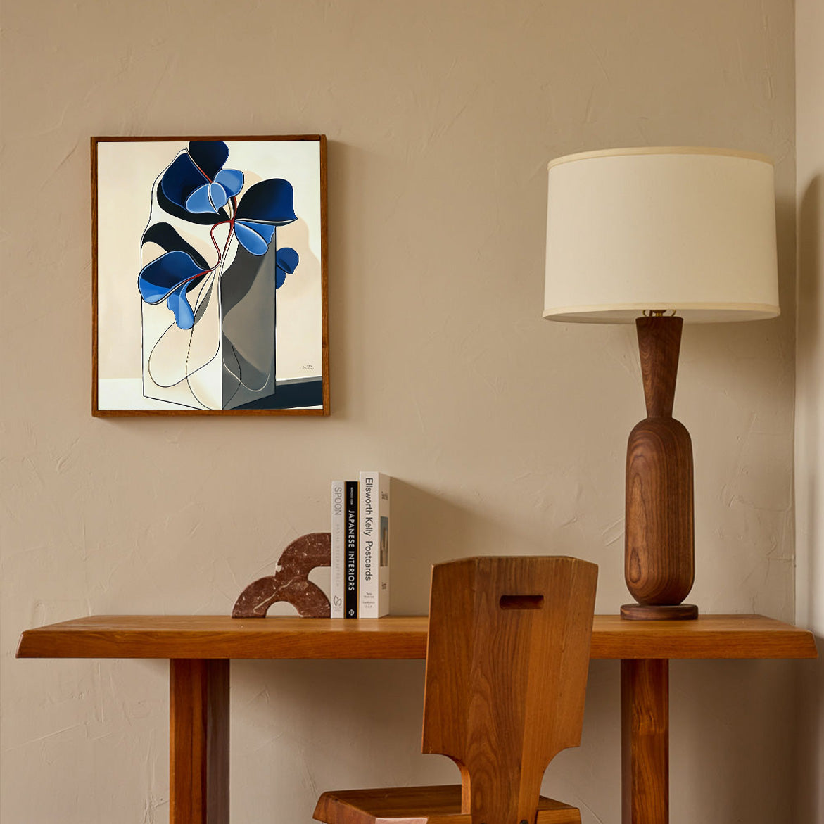 Silent Contour - Modern Abstract Blue Floral Art Sculptural Line Vase Painting