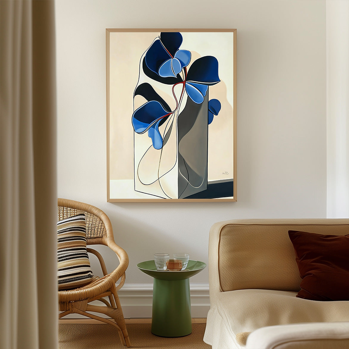 Silent Contour - Modern Abstract Blue Floral Art Sculptural Line Vase Painting