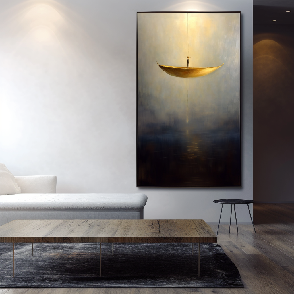Silent Descent – Surreal Floating Boat Painting Minimalist Conceptual Wall Art