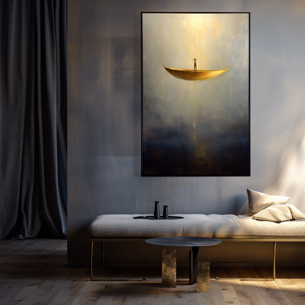 Silent Descent – Surreal Floating Boat Painting Minimalist Conceptual Wall Art