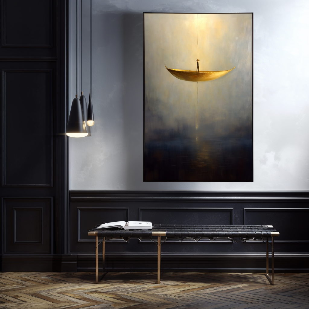 Silent Descent – Surreal Floating Boat Painting Minimalist Conceptual Wall Art