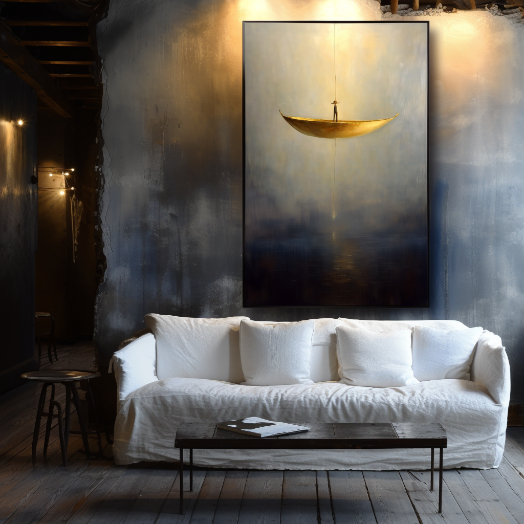 Silent Descent – Surreal Floating Boat Painting Minimalist Conceptual Wall Art