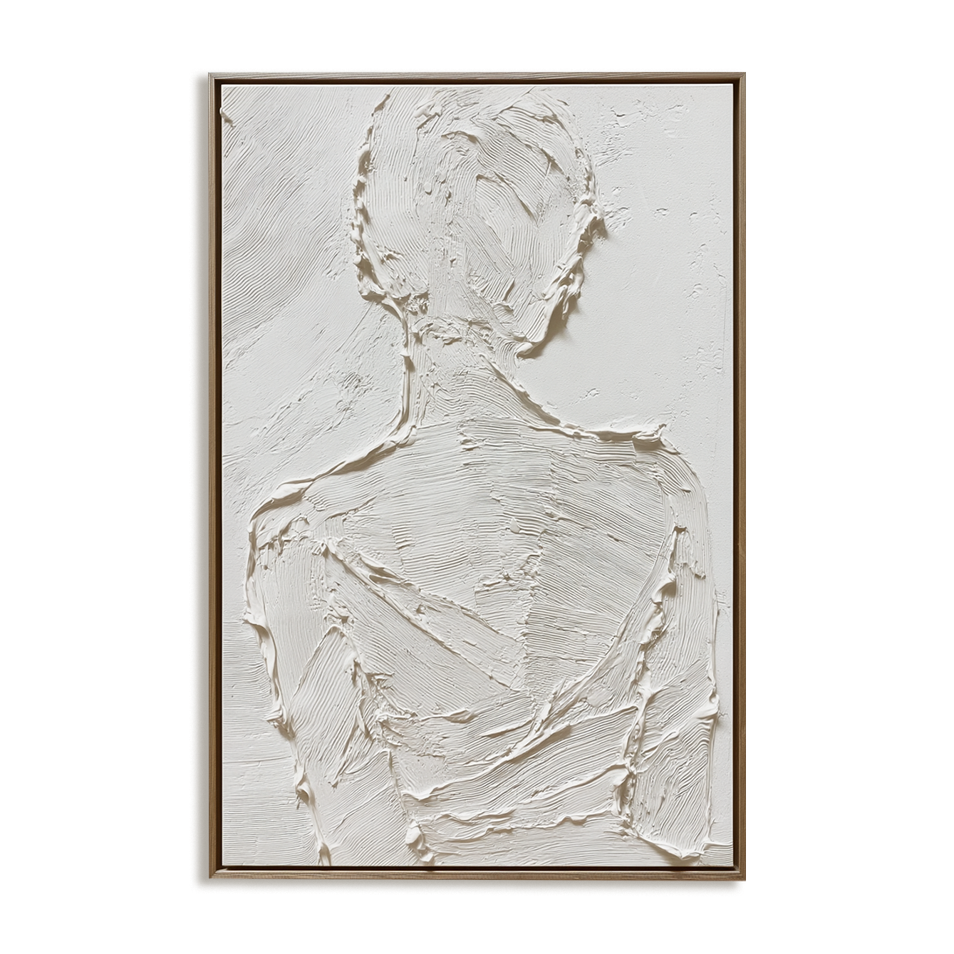 White minimalist abstract painting of a woman’s back with thick textured strokes on canvas.