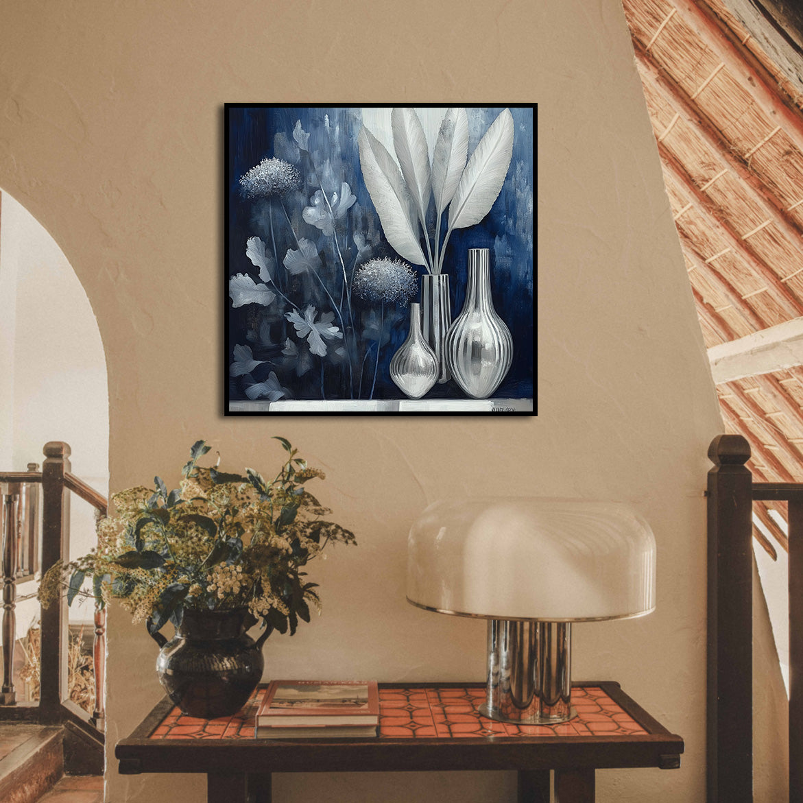 Silver Silence - Modern Blue Silver Still Life Painting Square Glass Vase Wall Art