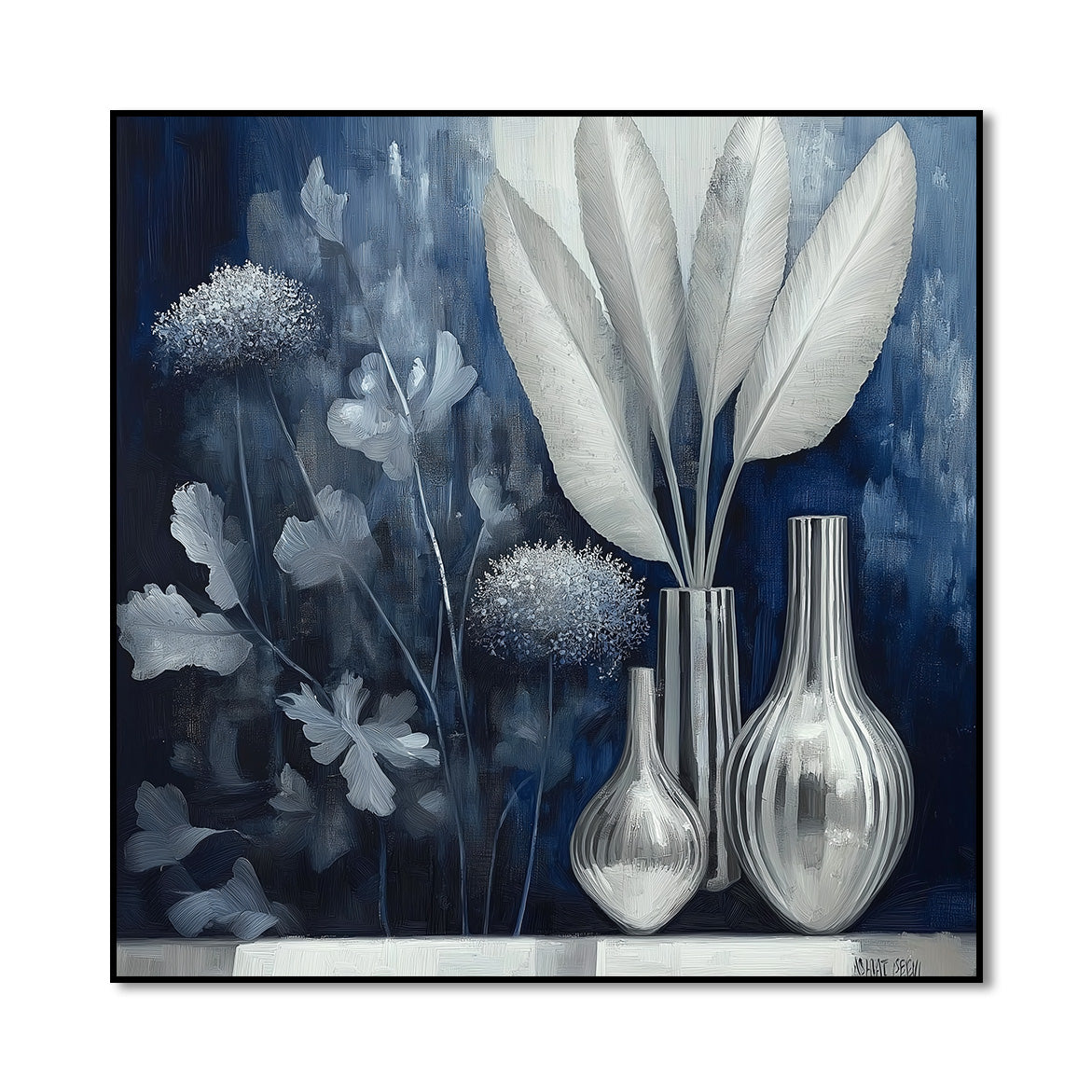 Silver Silence - Modern Blue Silver Still Life Painting Square Glass Vase Wall Art