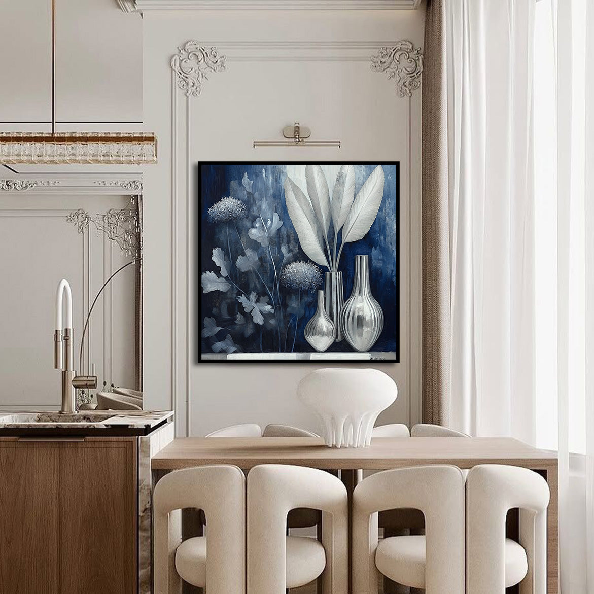 Silver Silence - Modern Blue Silver Still Life Painting Square Glass Vase Wall Art