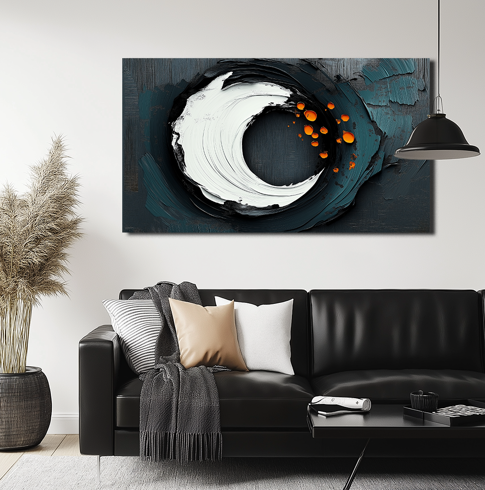 Solar Drift - Modern Large Textured Wall Art: Circular Brush Strokes in Black, White & Orange