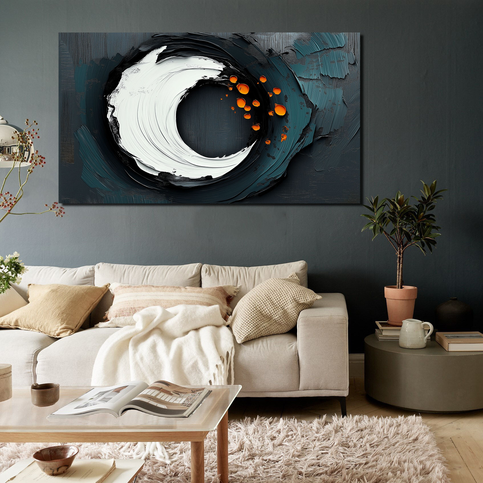 Solar Drift - Modern Large Textured Wall Art: Circular Brush Strokes in Black, White & Orange