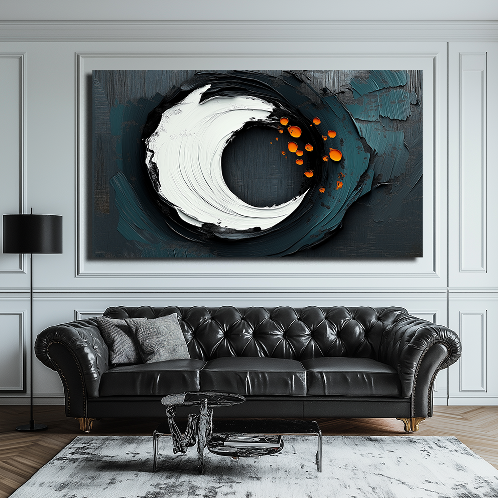 Solar Drift - Modern Large Textured Wall Art: Circular Brush Strokes in Black, White & Orange