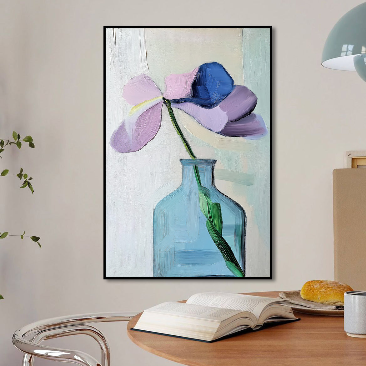Solitary Grace - Abstract Flower in Blue Vase Painting Modern Minimalist Floral Art