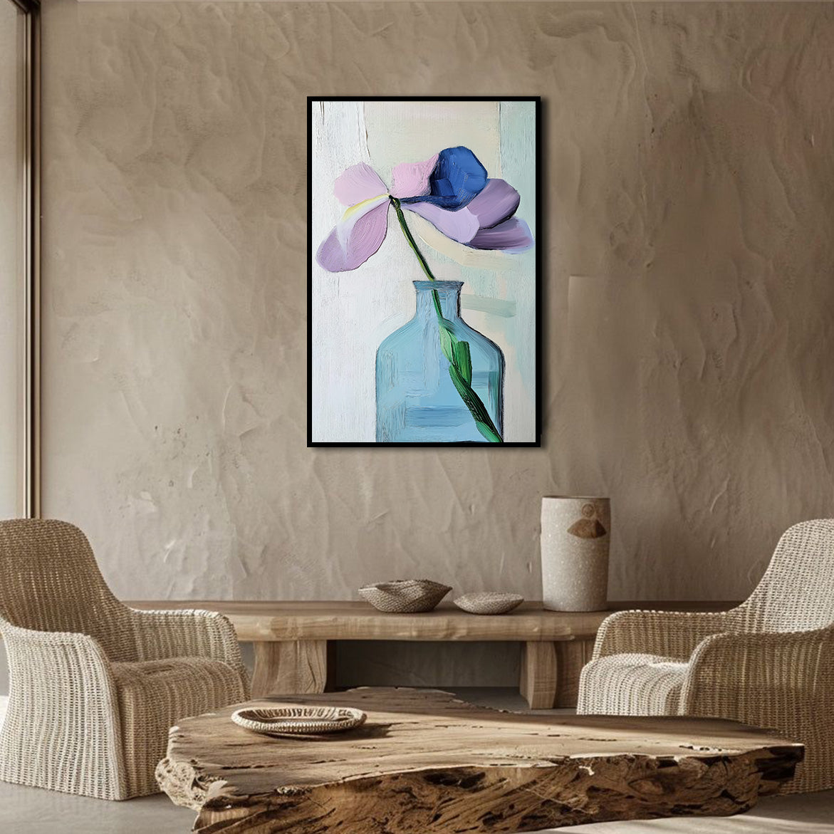 Solitary Grace - Abstract Flower in Blue Vase Painting Modern Minimalist Floral Art
