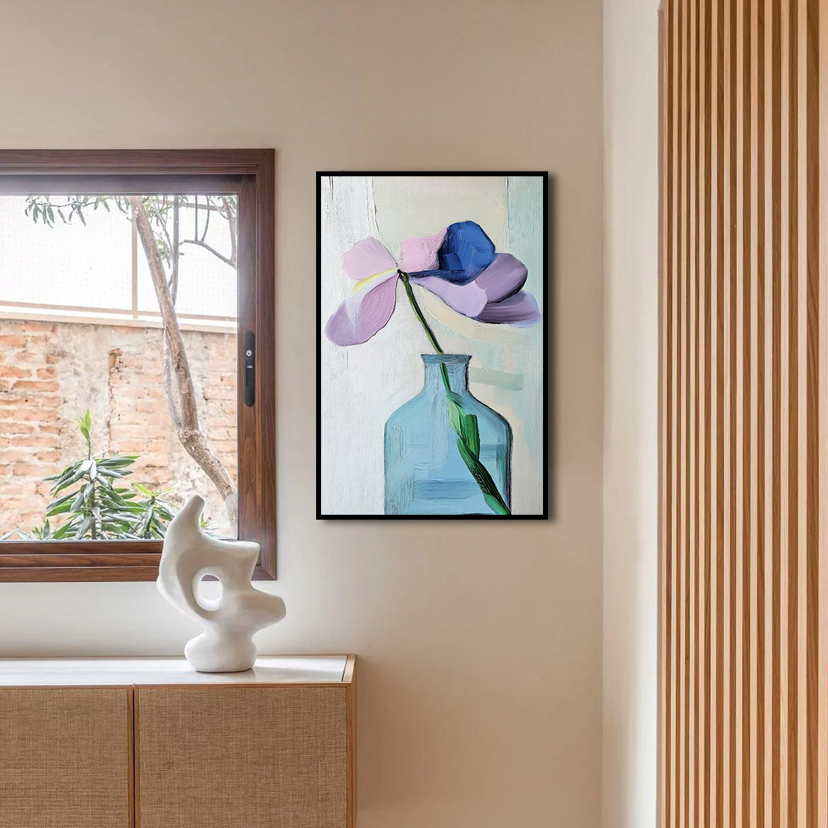 Solitary Grace - Abstract Flower in Blue Vase Painting Modern Minimalist Floral Art