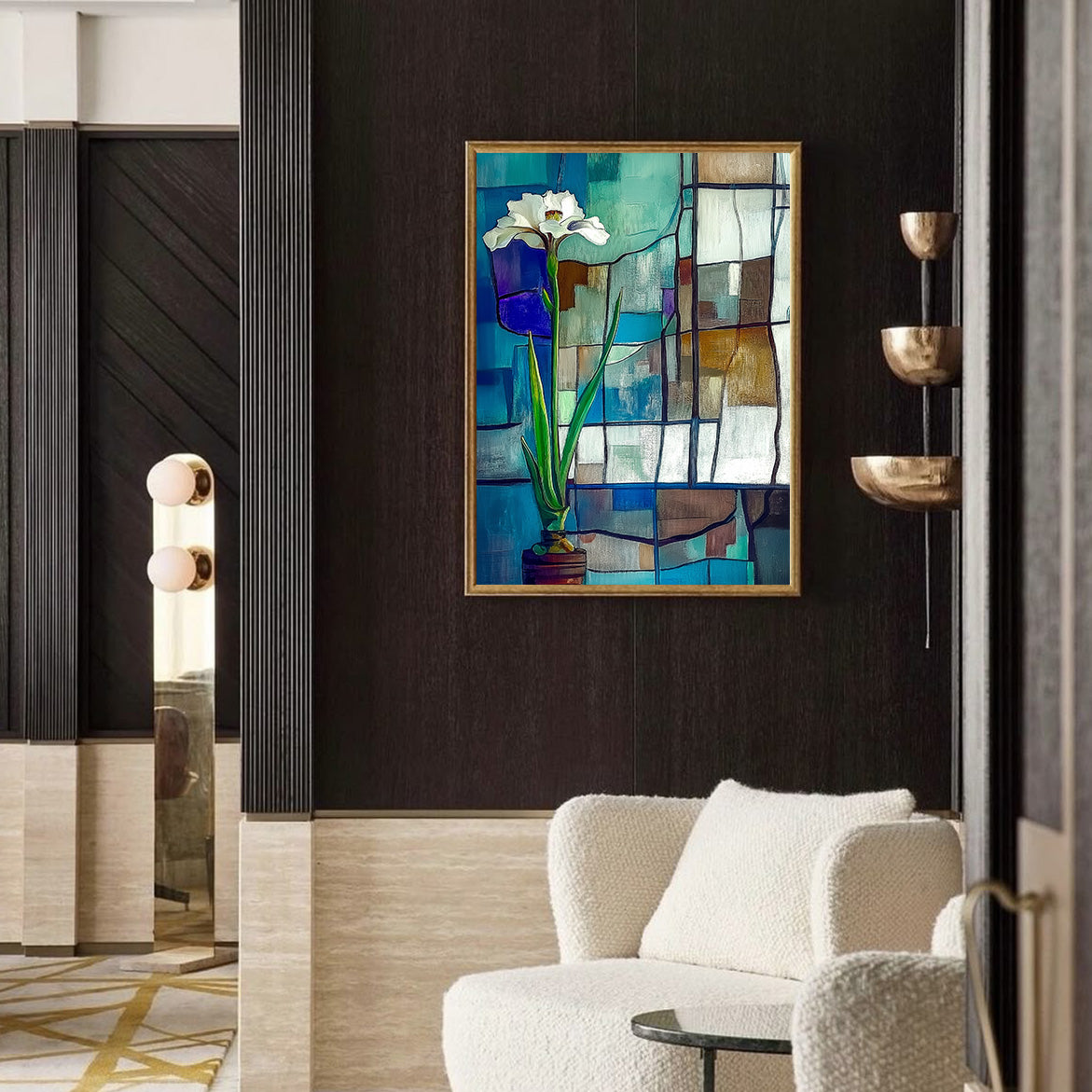 Solitude in Glass - Minimalist White Flower Painting Geometric Stained-Glass Style Wall Art