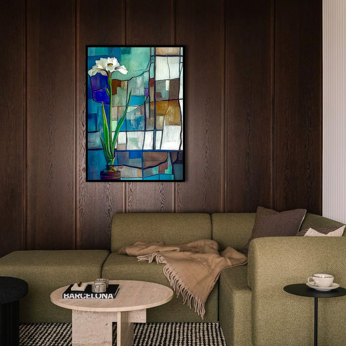 Solitude in Glass - Minimalist White Flower Painting Geometric Stained-Glass Style Wall Art