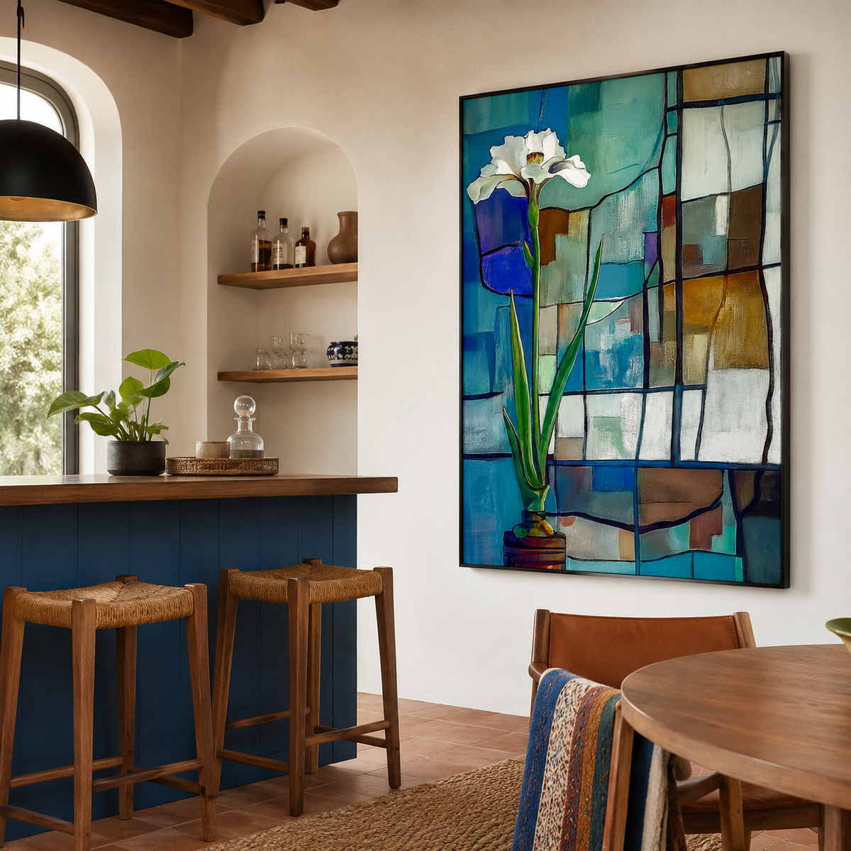Solitude in Glass - Minimalist White Flower Painting Geometric Stained-Glass Style Wall Art