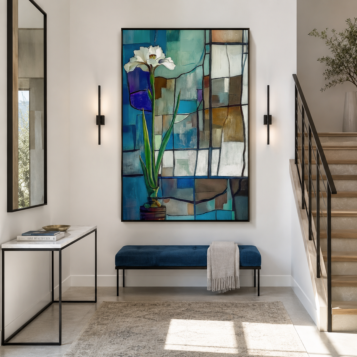 Solitude in Glass - Minimalist White Flower Painting Geometric Stained-Glass Style Wall Art