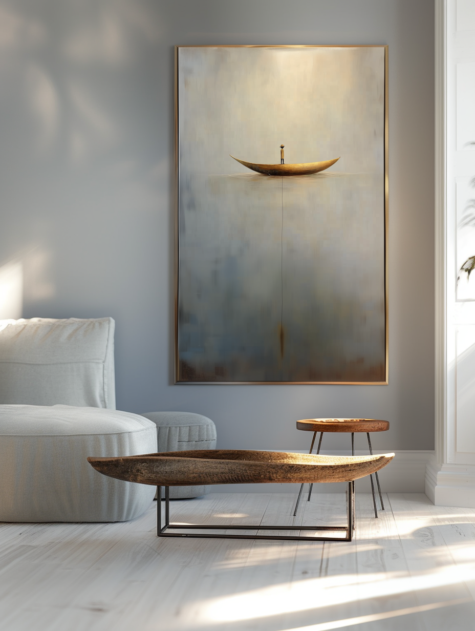 Solitude Voyage: Contemporary Minimalist Wall Art - Neutral Brown & Grey with Gold Boat