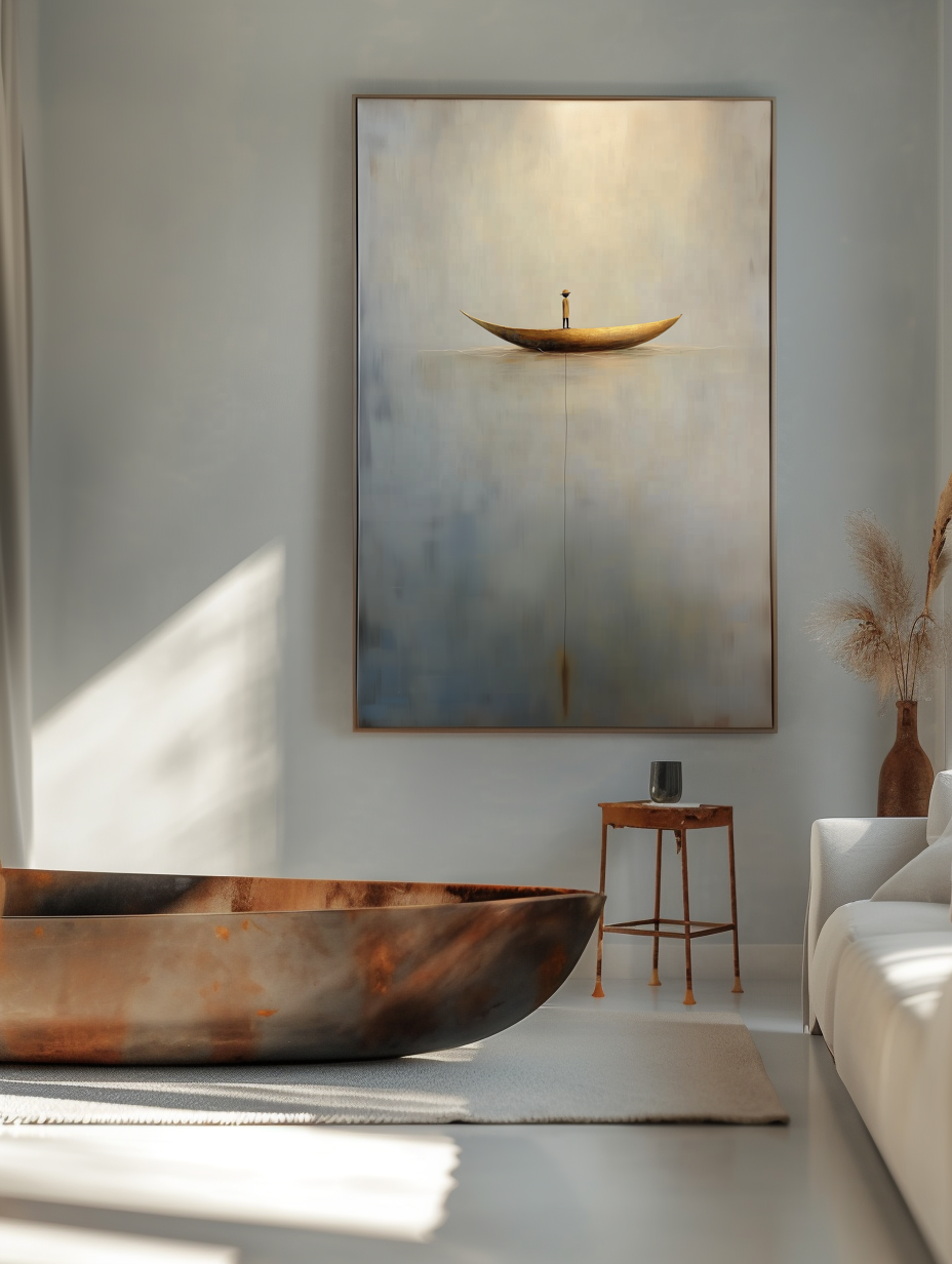 Solitude Voyage: Contemporary Minimalist Wall Art - Neutral Brown & Grey with Gold Boat