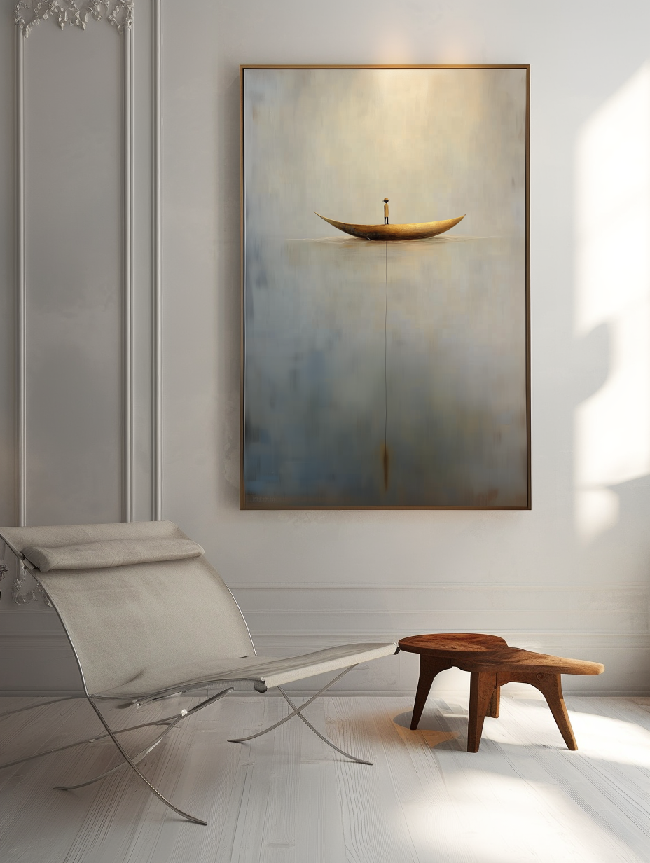 Solitude Voyage: Contemporary Minimalist Wall Art - Neutral Brown & Grey with Gold Boat