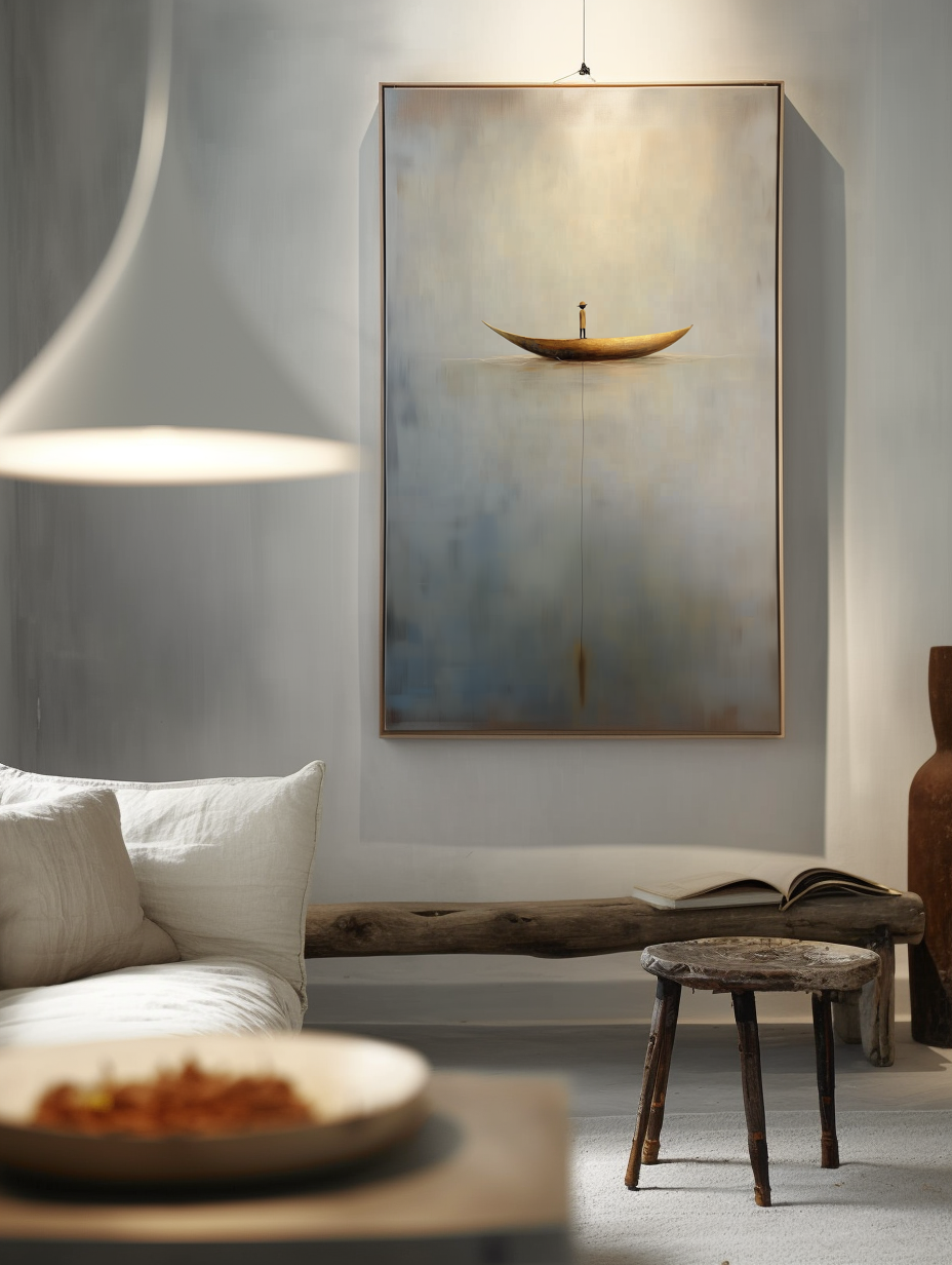 Solitude Voyage: Contemporary Minimalist Wall Art - Neutral Brown & Grey with Gold Boat
