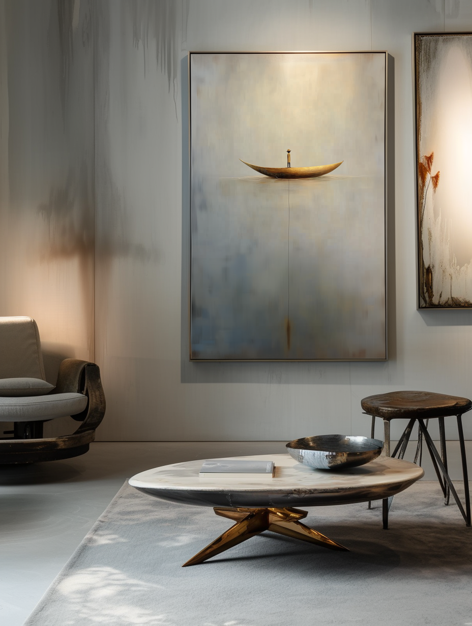 Solitude Voyage: Contemporary Minimalist Wall Art - Neutral Brown & Grey with Gold Boat