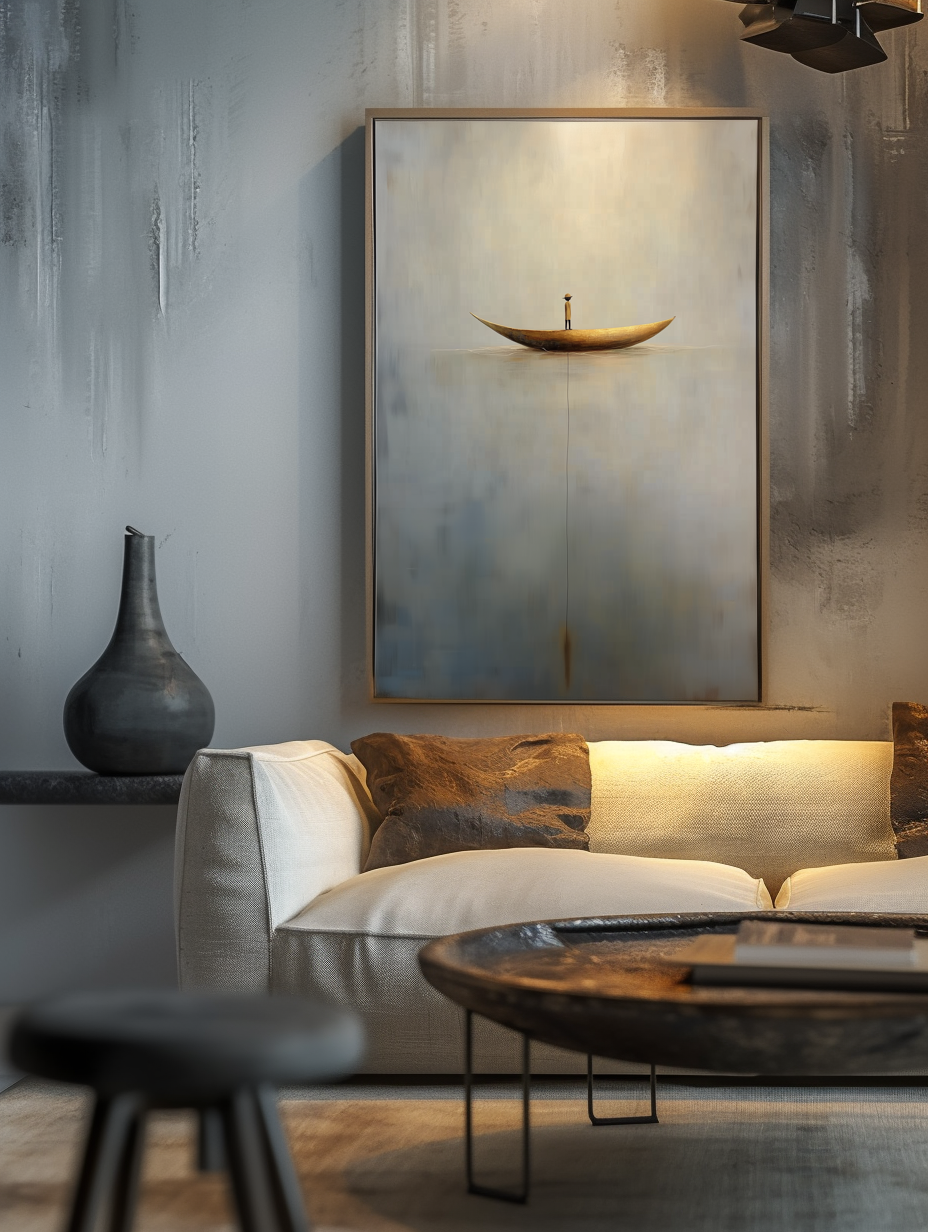 Solitude Voyage: Contemporary Minimalist Wall Art - Neutral Brown & Grey with Gold Boat