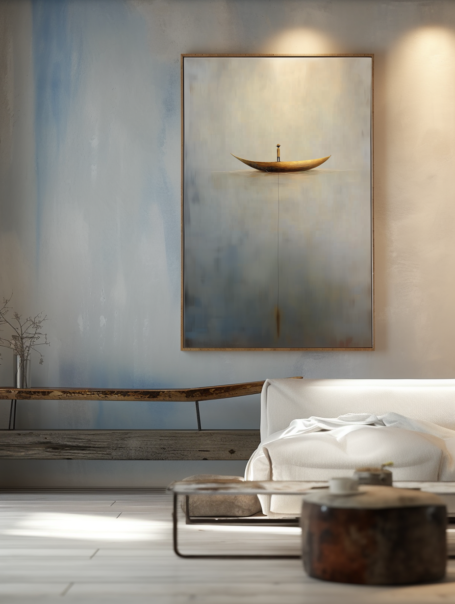 Solitude Voyage: Contemporary Minimalist Wall Art - Neutral Brown & Grey with Gold Boat