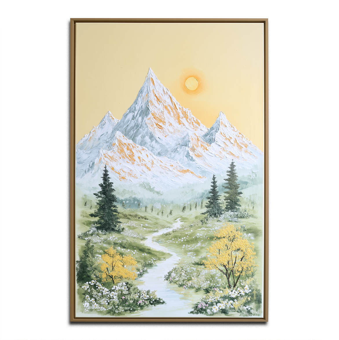 Springlight Summit - Mountain Stream Landscape Painting Serene Yellow Sky Nature Wall Art
