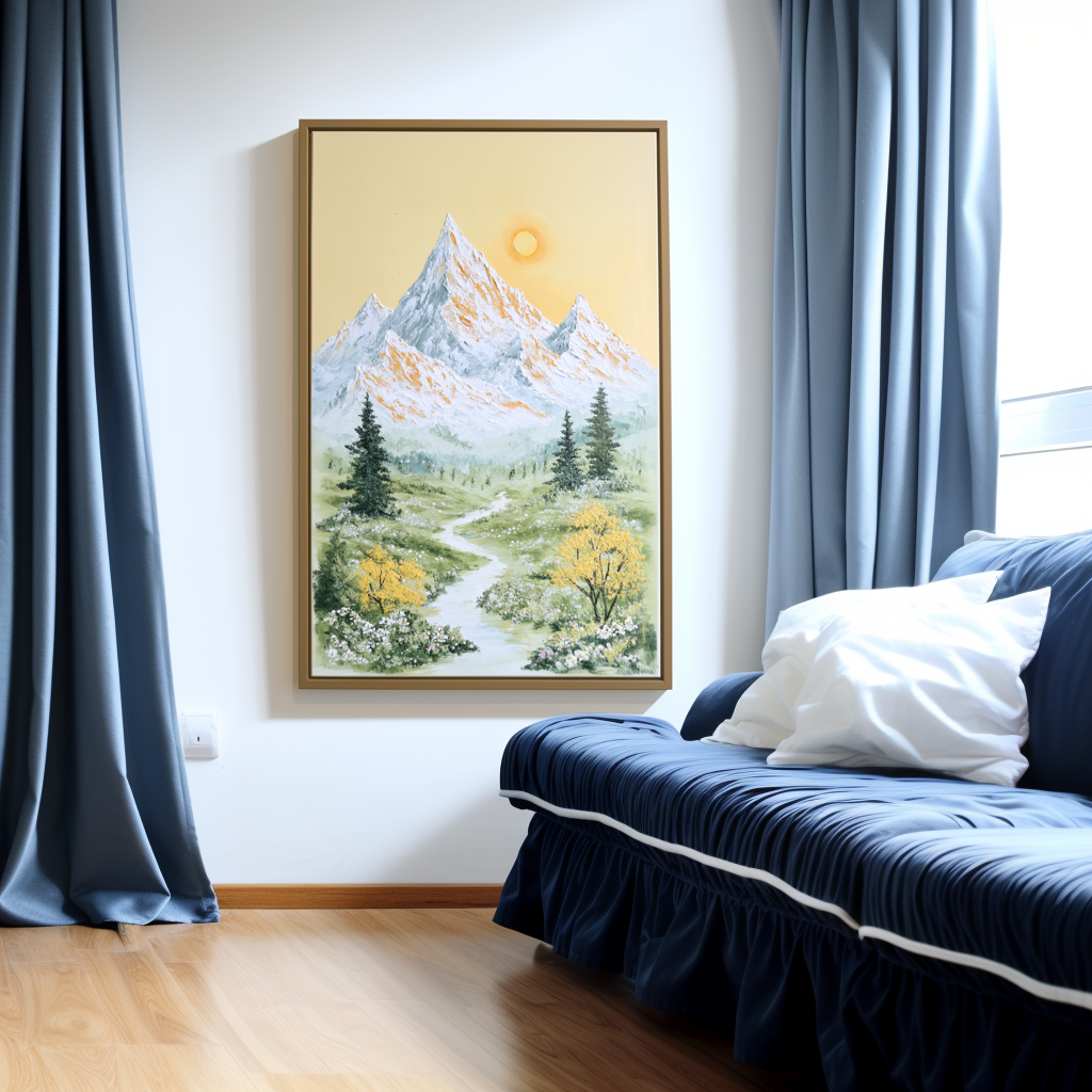 Springlight Summit - Mountain Stream Landscape Painting Serene Yellow Sky Nature Wall Art