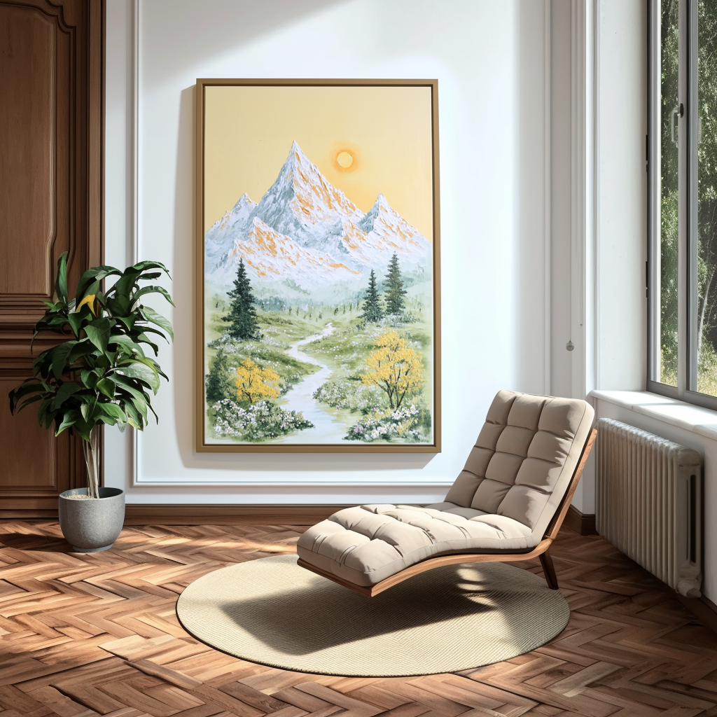 Springlight Summit - Mountain Stream Landscape Painting Serene Yellow Sky Nature Wall Art