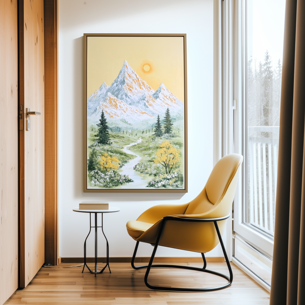 Springlight Summit - Mountain Stream Landscape Painting Serene Yellow Sky Nature Wall Art