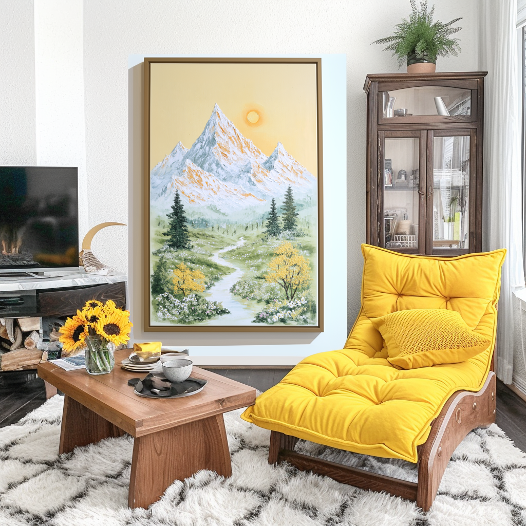 Springlight Summit - Mountain Stream Landscape Painting Serene Yellow Sky Nature Wall Art