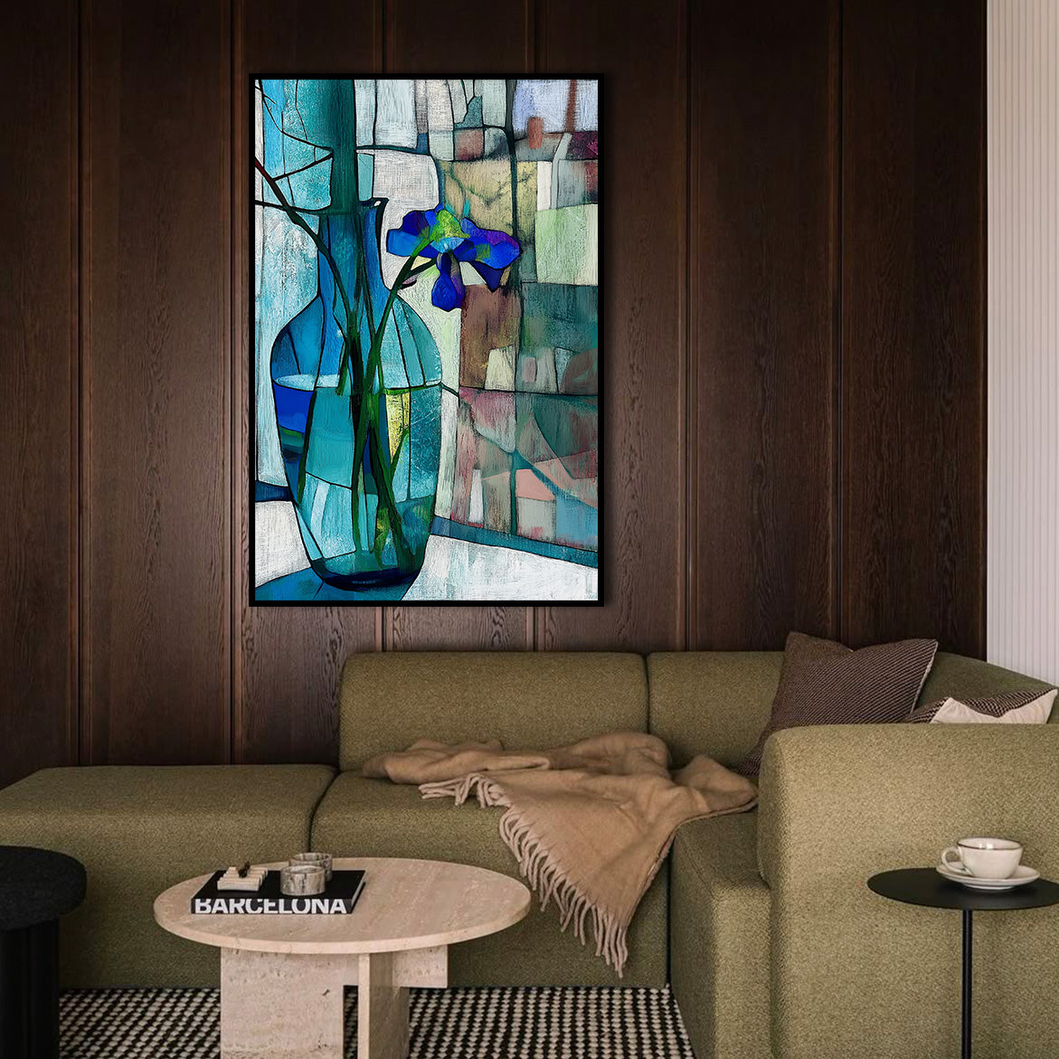 Stillness in Blue - Blue Iris in Glass Vase Minimalist Floral Art with Stained-Glass Background