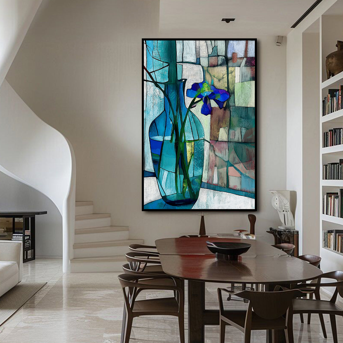 Stillness in Blue - Blue Iris in Glass Vase Minimalist Floral Art with Stained-Glass Background