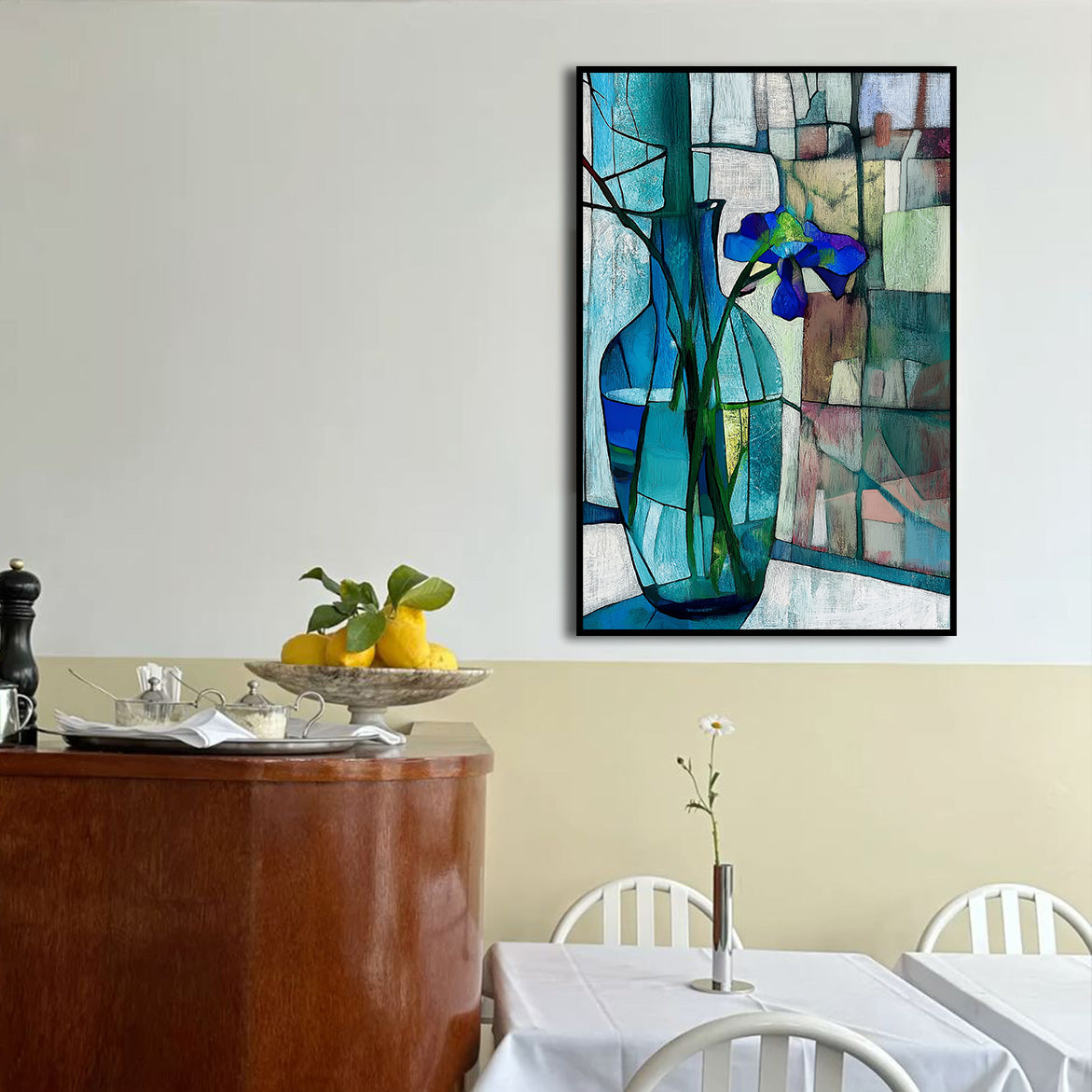 Stillness in Blue - Blue Iris in Glass Vase Minimalist Floral Art with Stained-Glass Background