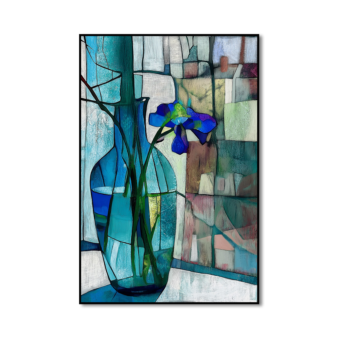 Stillness in Blue - Blue Iris in Glass Vase Minimalist Floral Art with Stained-Glass Background