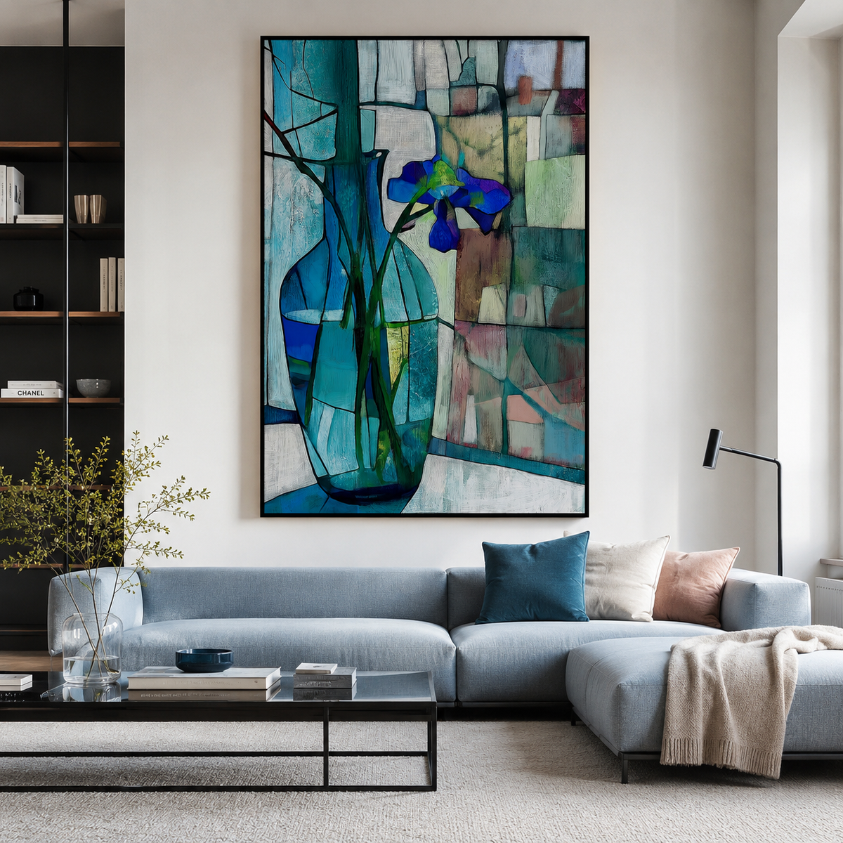 Stillness in Blue - Blue Iris in Glass Vase Minimalist Floral Art with Stained-Glass Background
