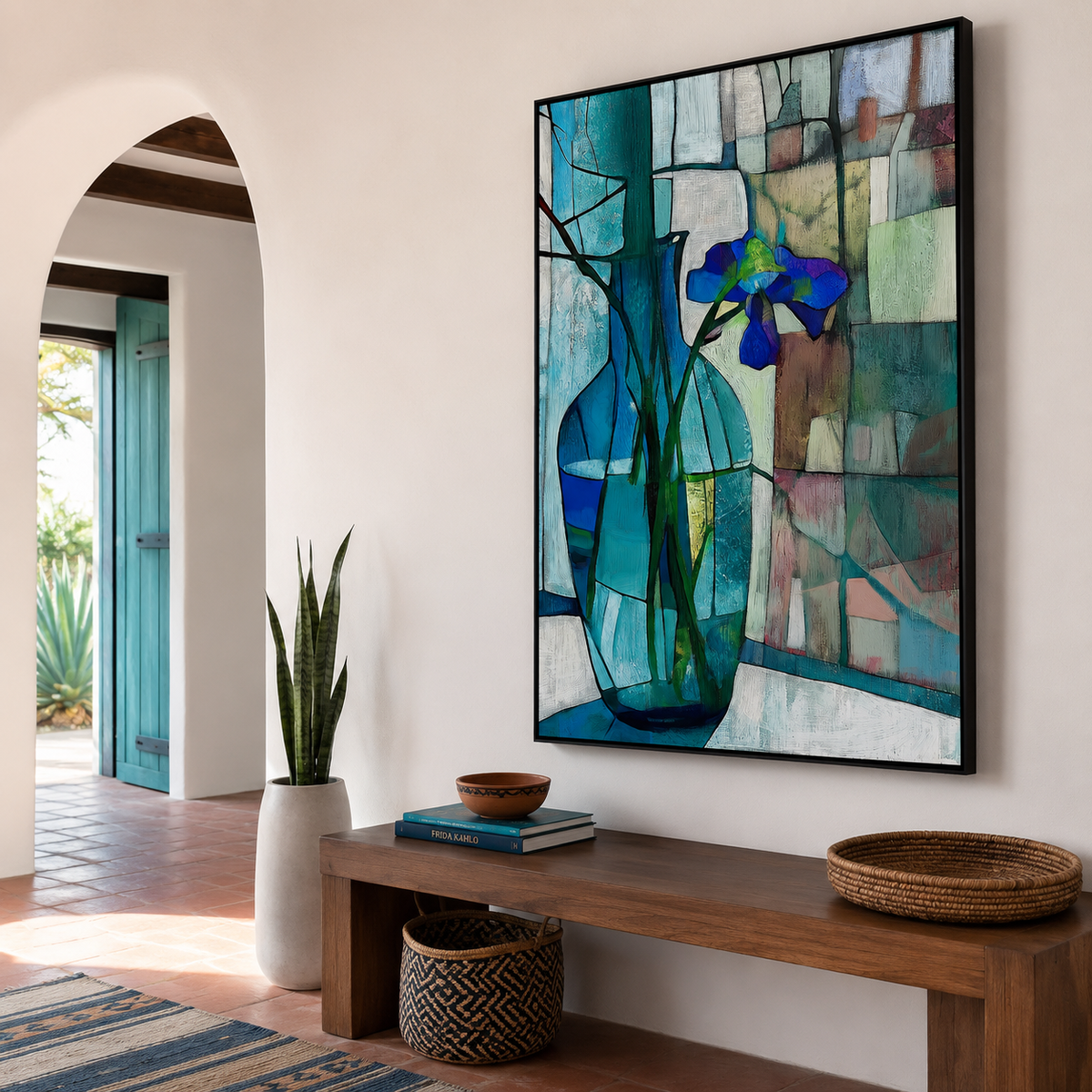 Stillness in Blue - Blue Iris in Glass Vase Minimalist Floral Art with Stained-Glass Background
