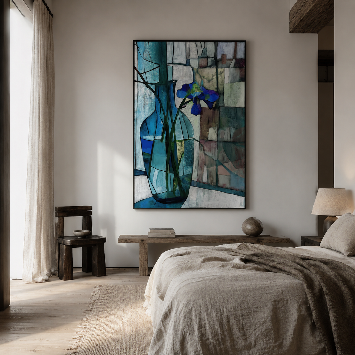 Stillness in Blue - Blue Iris in Glass Vase Minimalist Floral Art with Stained-Glass Background