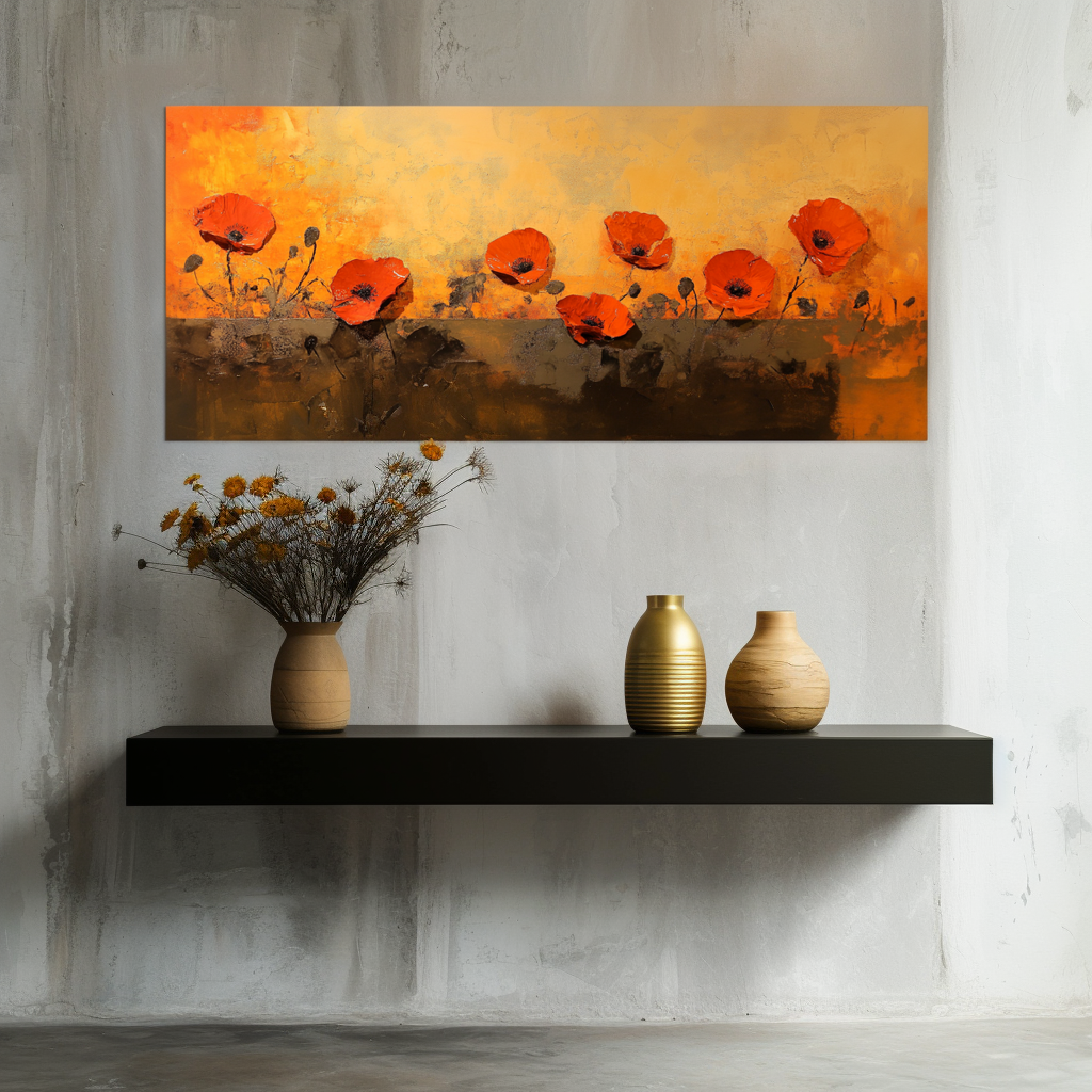 Sunlit Poppies-Red Poppy Flowers Painting, Warm Tone Floral Wall Art for Home Decoration